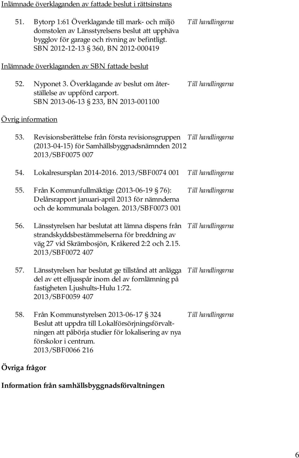 SBN 2012-12-13 360, BN 2012-000419 Inlämnade överklaganden av SBN fattade beslut 52. Nyponet 3. Överklagande av beslut om åter- Till handlingarna ställelse av uppförd carport.