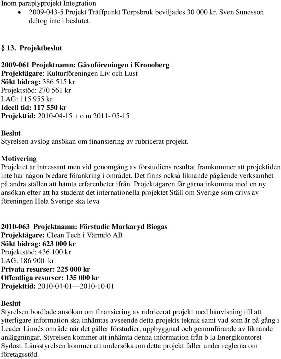 Projekttid: 2010-04-15 t o m 2011-05-15 Styrelsen avslog ansökan om finansiering av rubricerat projekt.