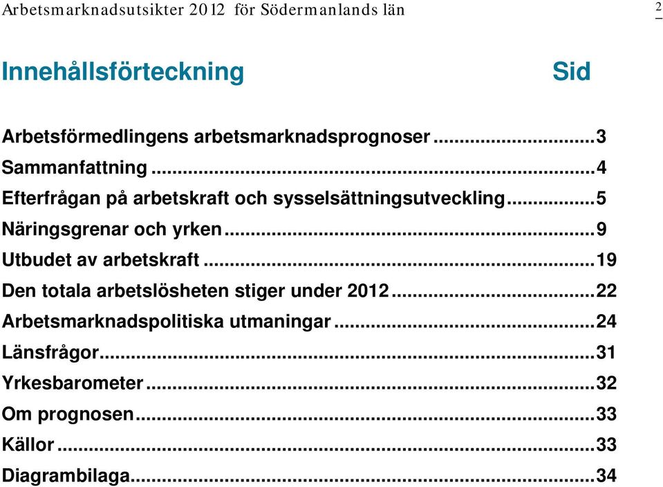 ..5 Näringsgrenar och yrken...9 Utbudet av arbetskraft...19 Den totala arbetslösheten stiger under 2012.