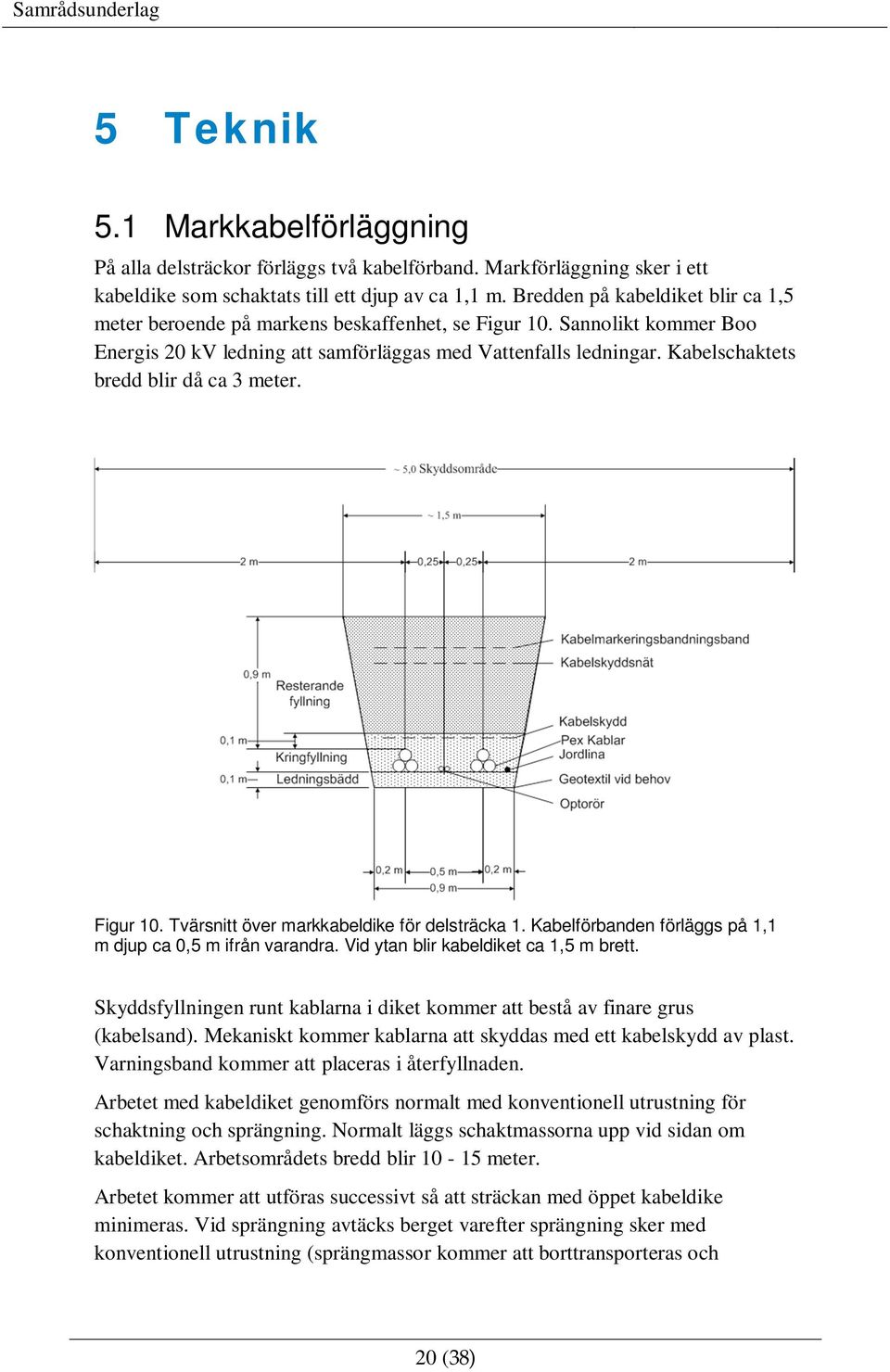 Kabelschaktets bredd blir då ca 3 meter. Figur 10. Tvärsnitt över markkabeldike för delsträcka 1. Kabelförbanden förläggs på 1,1 m djup ca 0,5 m ifrån varandra.