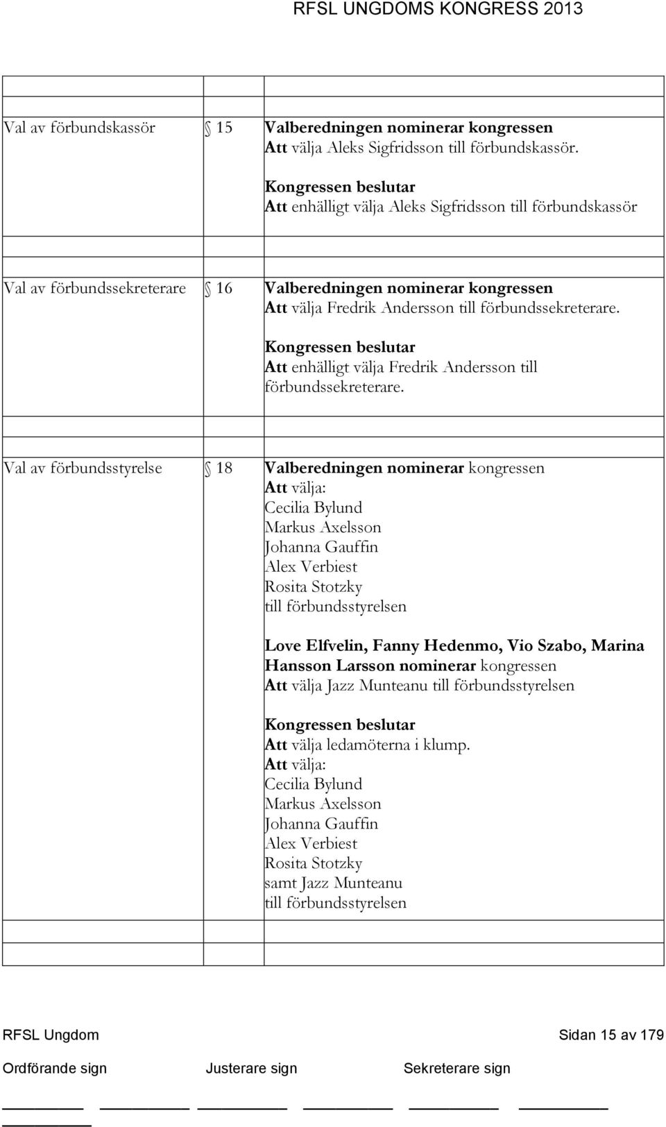 Kongressen beslutar Att enhälligt välja Fredrik Andersson till förbundssekreterare.