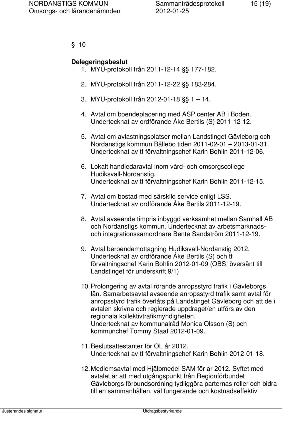 Avtal om avlastningsplatser mellan Landstinget Gävleborg och Nordanstigs kommun Bållebo tiden 2011-02-01 2013-01-31. Undertecknat av tf förvaltningschef Karin Bohlin 2011-12-06. 6.