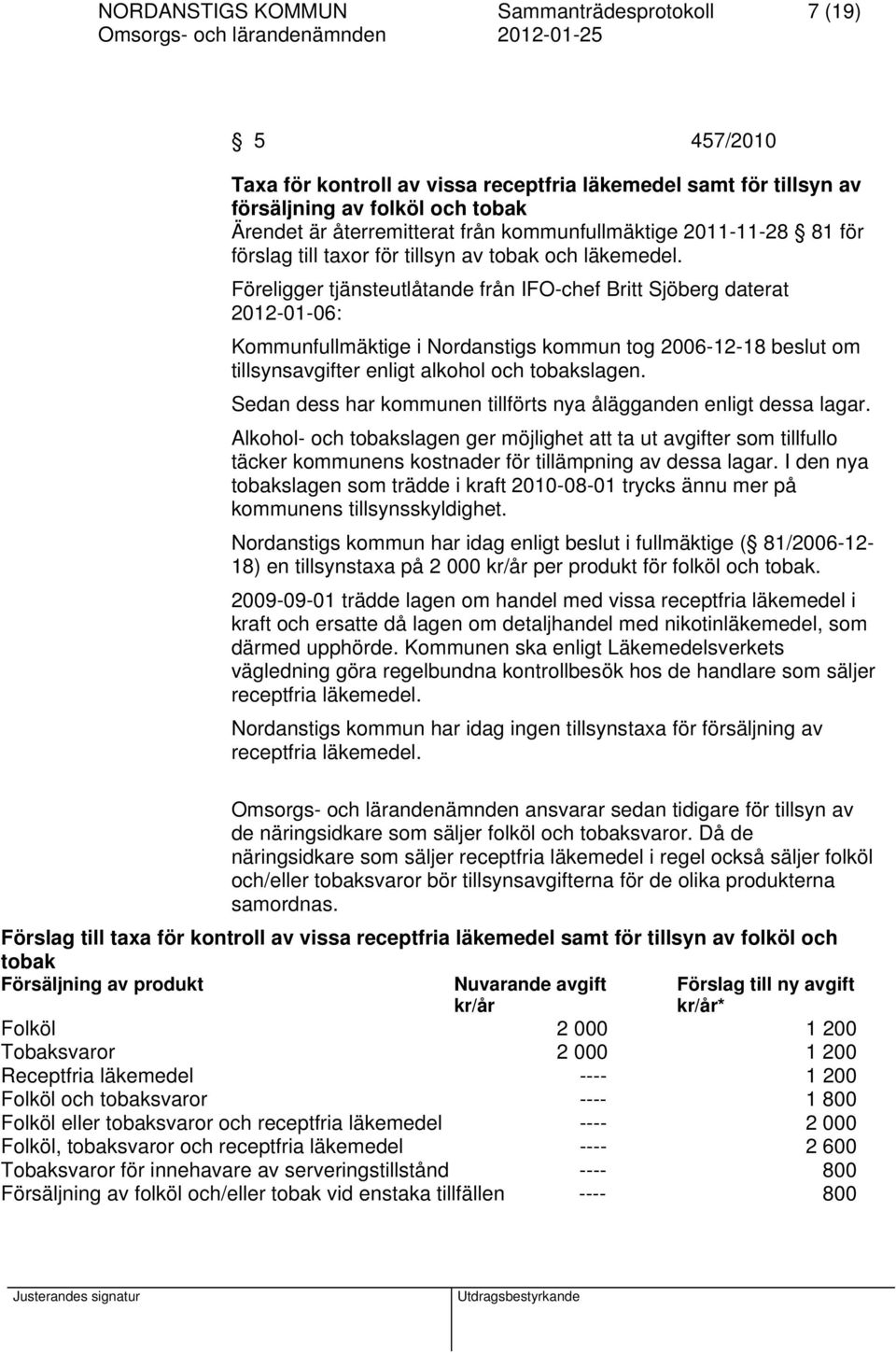 Föreligger tjänsteutlåtande från IFO-chef Britt Sjöberg daterat 2012-01-06: Kommunfullmäktige i Nordanstigs kommun tog 2006-12-18 beslut om tillsynsavgifter enligt alkohol och tobakslagen.