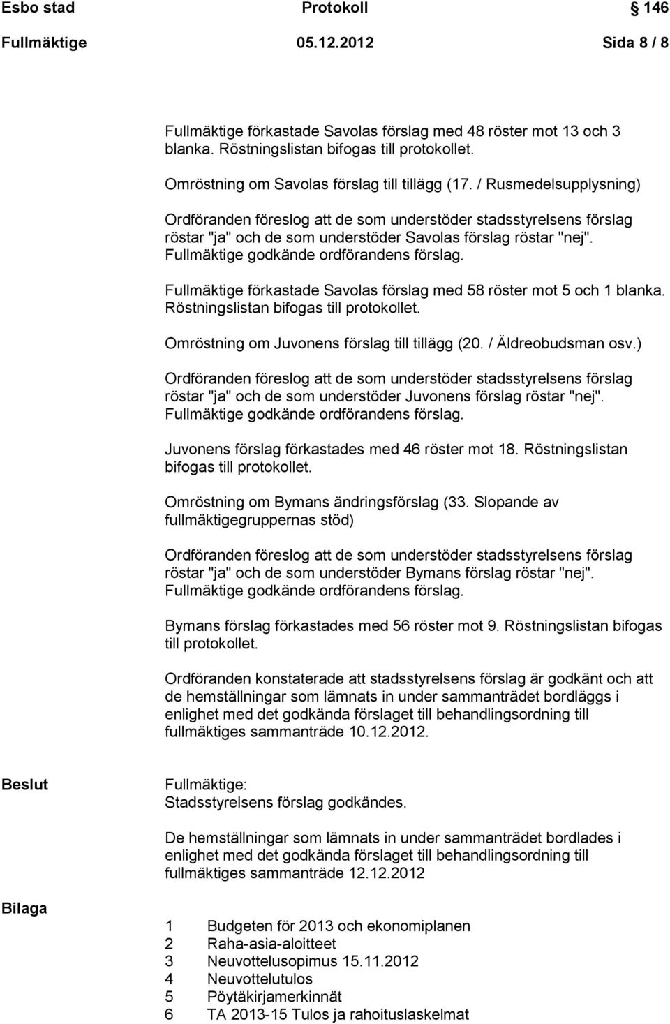 Fullmäktige förkastade Savolas förslag med 58 röster mot 5 och 1 blanka. Röstningslistan bifogas till protokollet. Omröstning om Juvonens förslag till tillägg (20. / Äldreobudsman osv.