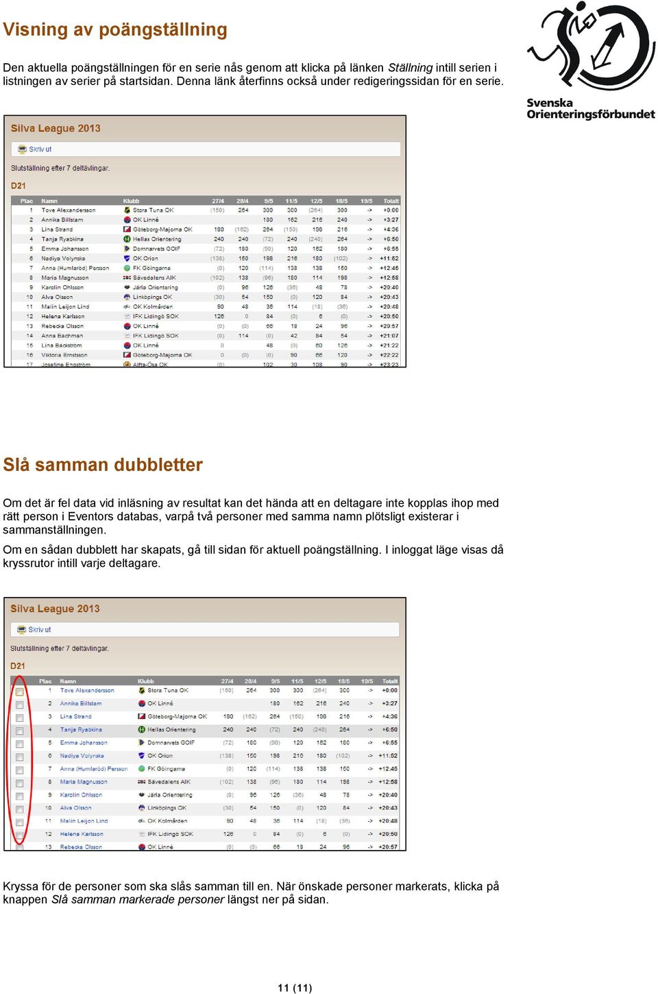 Slå samman dubbletter Om det är fel data vid inläsning av resultat kan det hända att en deltagare inte kopplas ihop med rätt person i Eventors databas, varpå två personer med samma namn