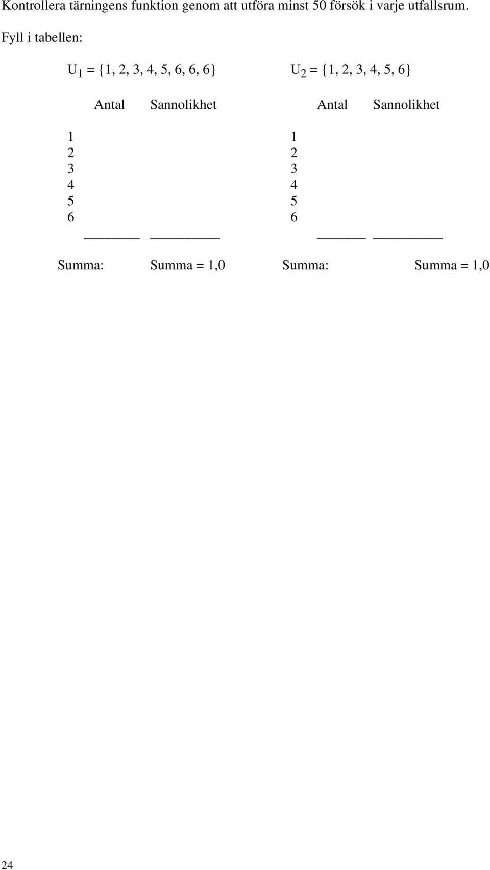 Fyll i tabellen: U 1 = {1, 2, 3, 4, 5, 6, 6, 6} U 2 = {1, 2, 3,