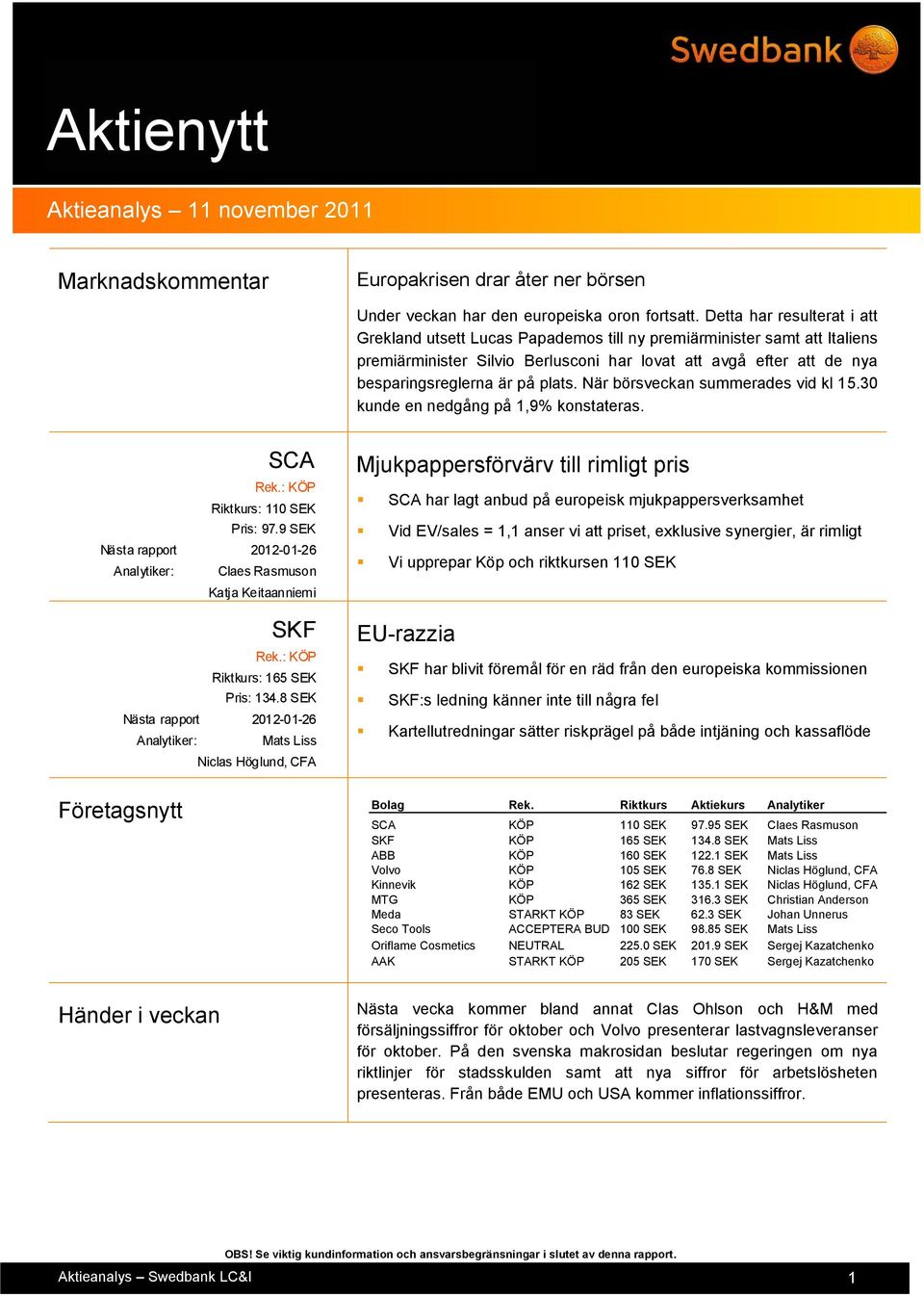 plats. När börsveckan summerades vid kl 15.30 kunde en nedgång på 1,9% konstateras. SCA Riktkurs: 110 SEK Pris: 97.