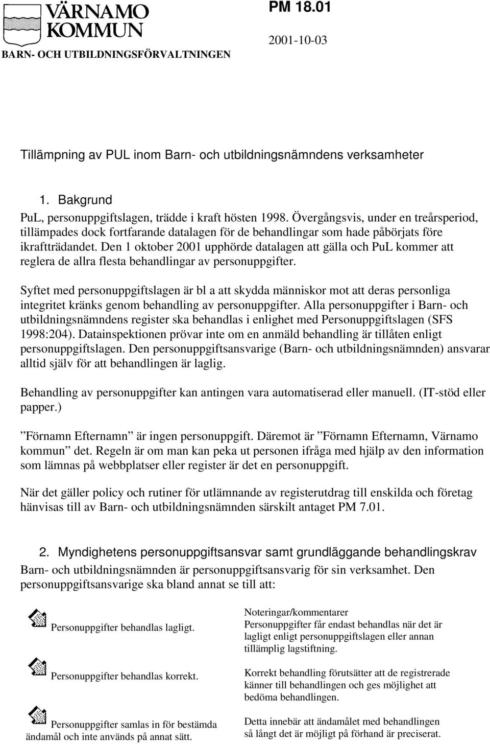 Den 1 oktober 2001 upphörde datalagen att gälla och PuL kommer att reglera de allra flesta behandlingar av personuppgifter.