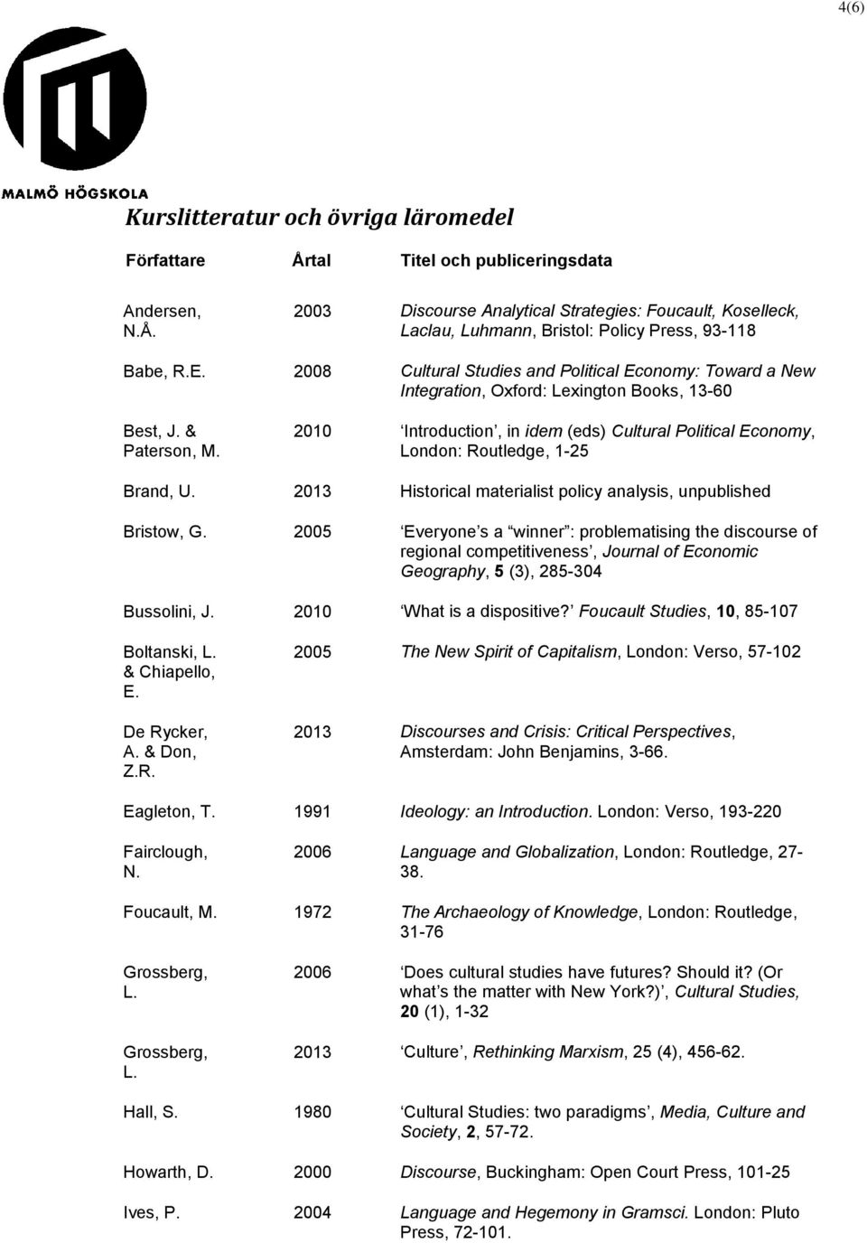 Introduction, in idem (eds) Cultural Political Economy, London: Routledge, - Brand, U. Historical materialist policy analysis, unpublished Bristow, G.