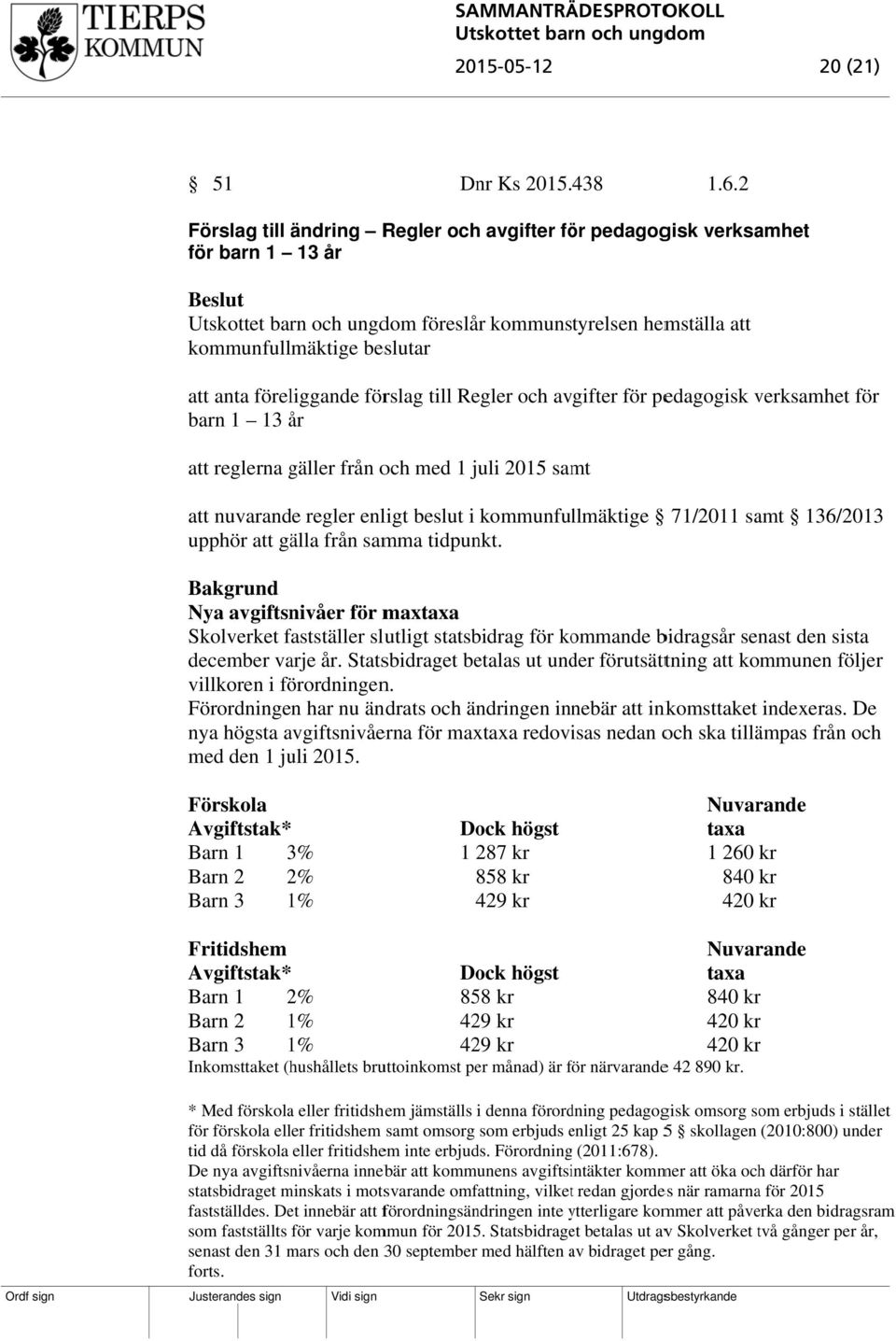 avgifter för pedagogisk verksamhet för barn 1 13 år att reglerna gäller från och med 1 juli 2015 samt att nuvarande regler enligt beslut i kommunfullmäktige 71/2011 samt 136/2013 upphör att gälla