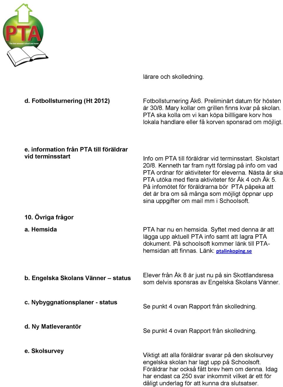 Skolstart 20/8. Kenneth tar fram nytt förslag på info om vad PTA ordnar för aktiviteter för eleverna. Nästa år ska PTA utöka med flera aktiviteter för Åk 4 och Åk 5.