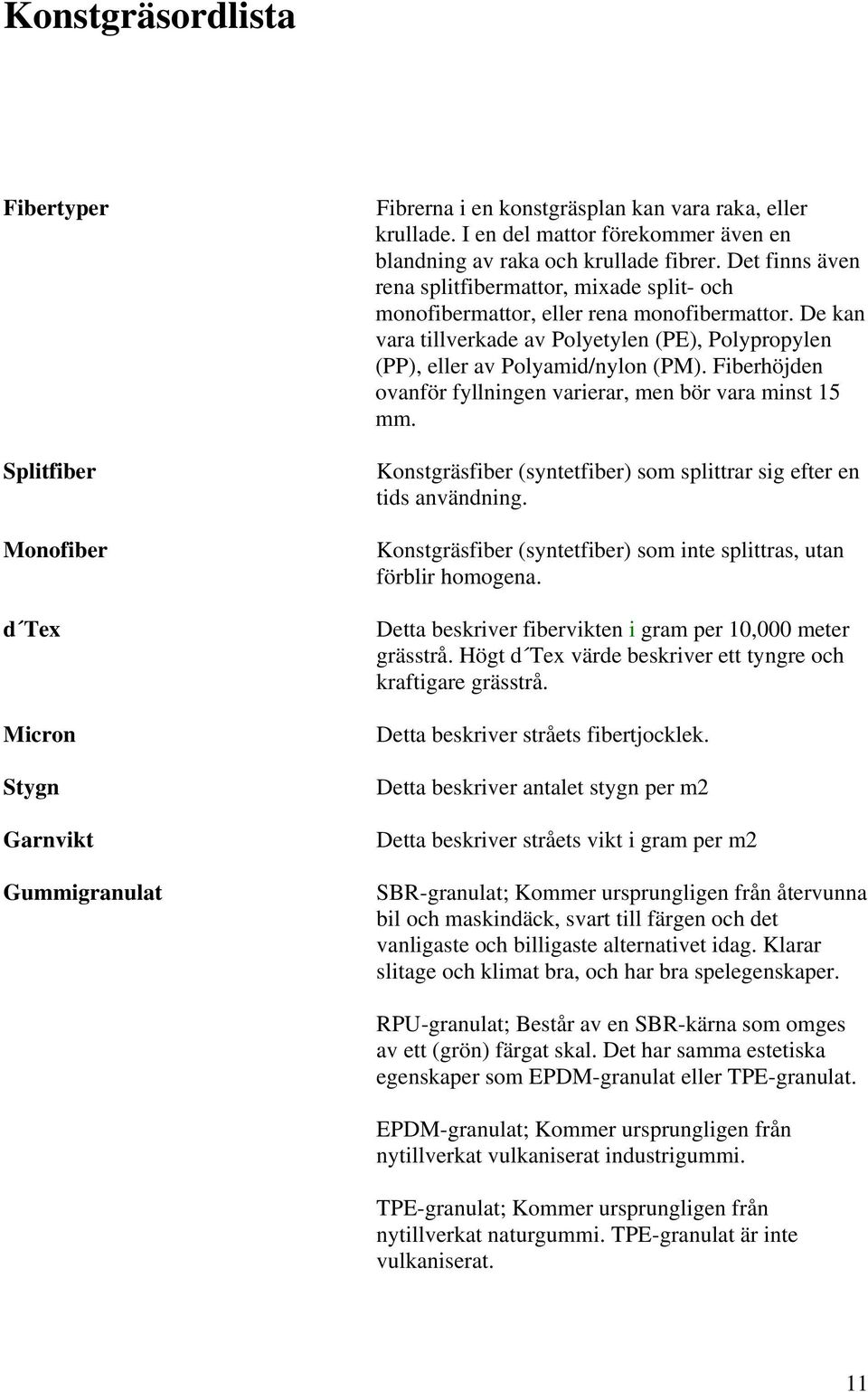 De kan vara tillverkade av Polyetylen (PE), Polypropylen (PP), eller av Polyamid/nylon (PM). Fiberhöjden ovanför fyllningen varierar, men bör vara minst 15 mm.