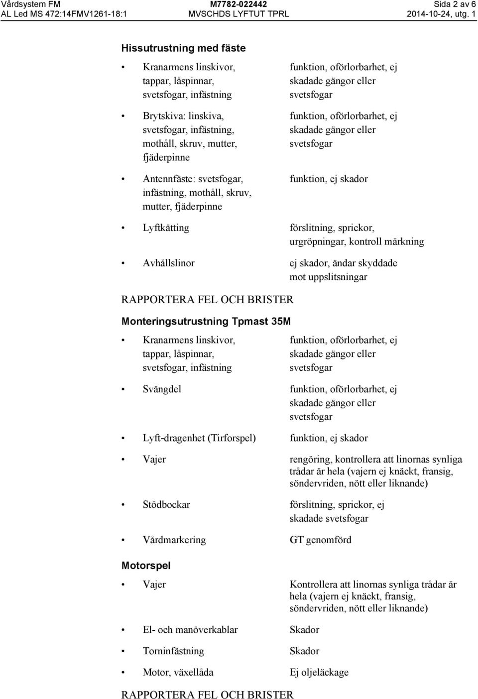 uppslitsningar Monteringsutrustning Tpmast 35M Kranarmens linskivor, tappar, låspinnar,, infästning Svängdel Lyft-dragenhet (Tirforspel) funktion, ej skador Vajer rengöring, kontrollera att linornas