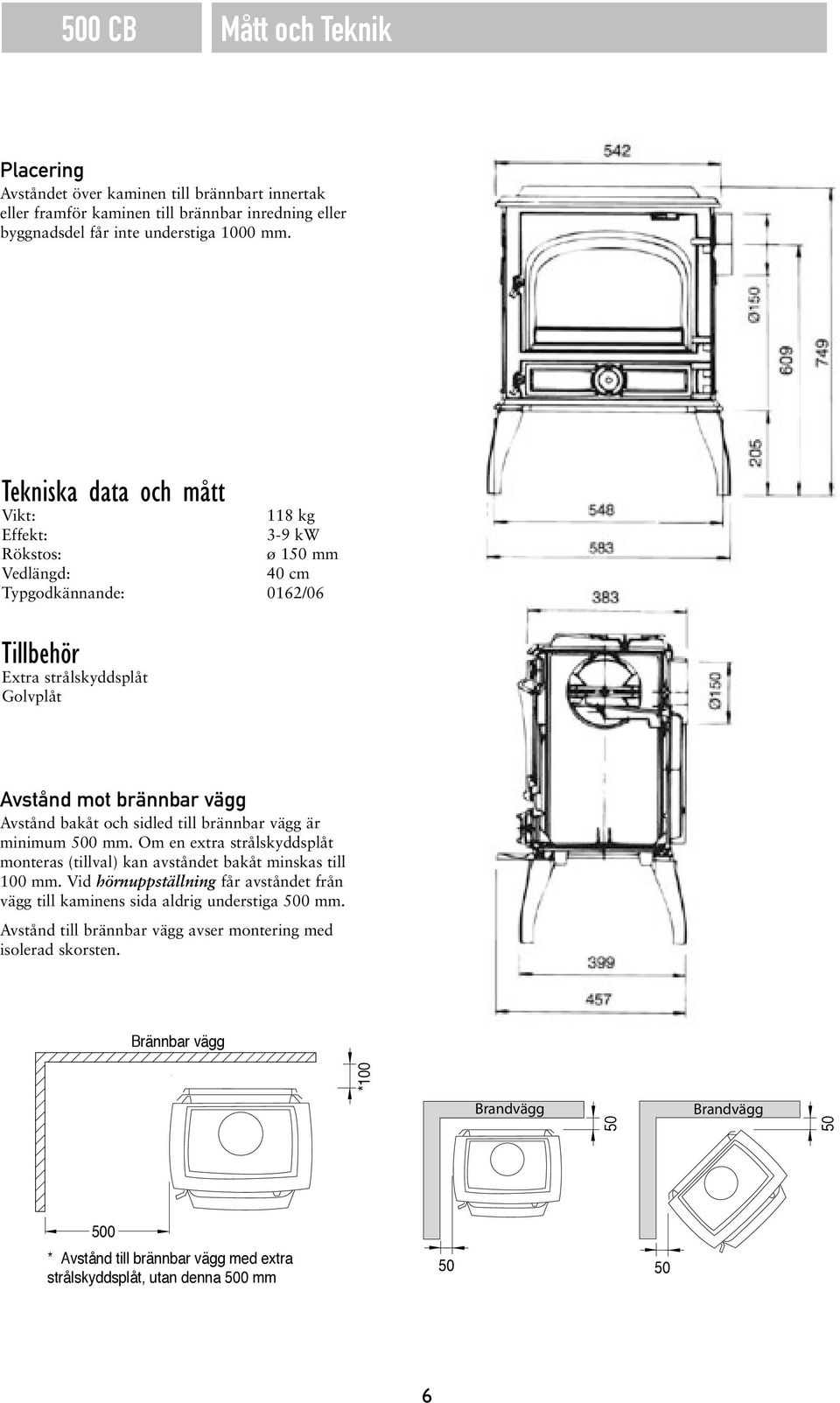 och sidled till brännbar vägg är minimum 500 mm. Om en extra strålskyddsplåt monteras (tillval) kan avståndet bakåt minskas till 100 mm.