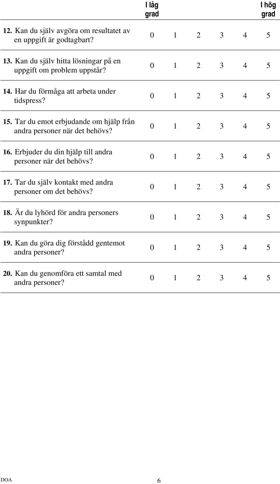 Tar du emot erbjudande om hjälp från andra personer när det behövs? 16. Erbjuder du din hjälp till andra personer när det behövs? 17.