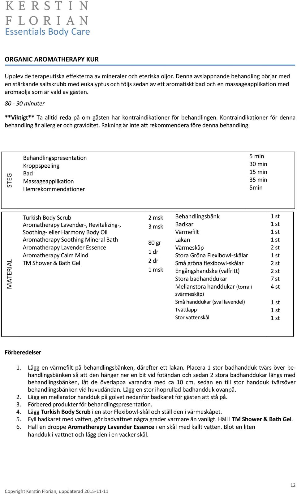 80-90 minuter **Viktigt** Ta alltid reda på om gästen har kontraindikationer för behandlingen. Kontraindikationer för denna behandling är allergier och graviditet.