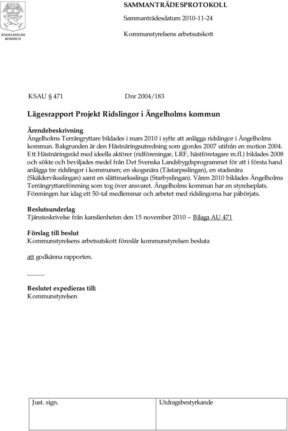 ) bildades 2008 och sökte och beviljades medel från Det Svenska Landsbygdsprogrammet för att i första hand anlägga tre ridslingor i kommunen; en skogsnära (Tåstarpsslingan), en stadsnära