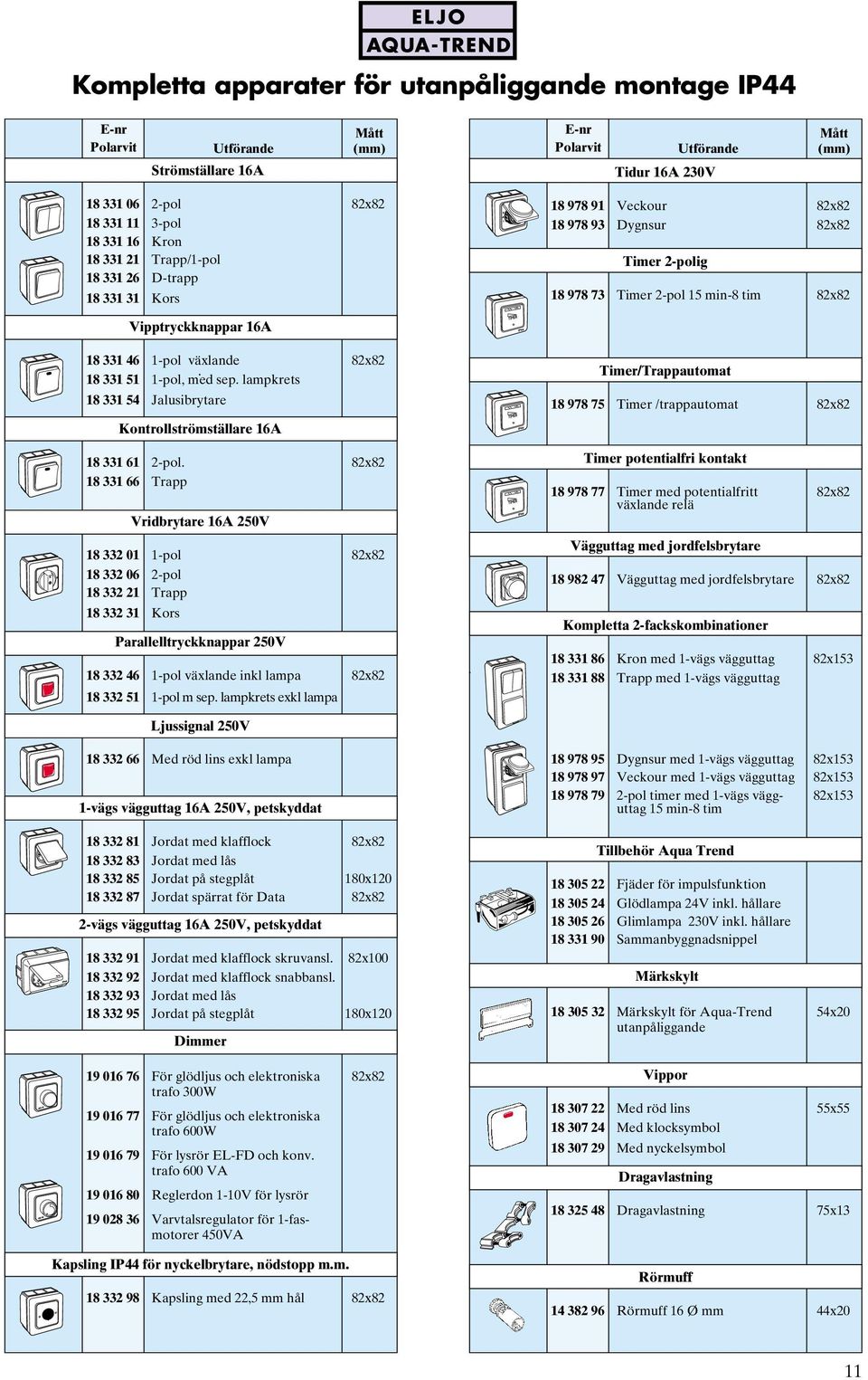 16A 18 331 46 1-pol växlande 82x82. 18 331 51 1-pol, med sep. lampkrets 18 331 54 Jalusibrytare Timer/Trappautomat 18 978 75 Timer /trappautomat 82x82 Kontrollströmställare 16A 18 331 61 2-pol.