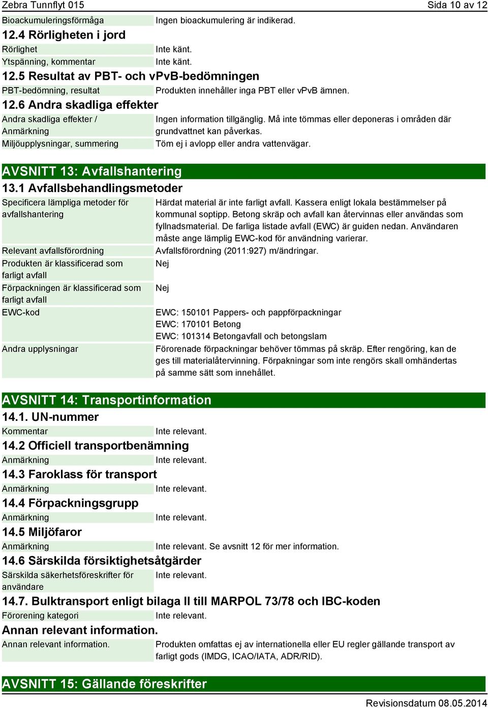 1 Avfallsbehandlingsmetoder Specificera lämpliga metoder för avfallshantering Relevant avfallsförordning Produkten är klassificerad som farligt avfall Förpackningen är klassificerad som farligt