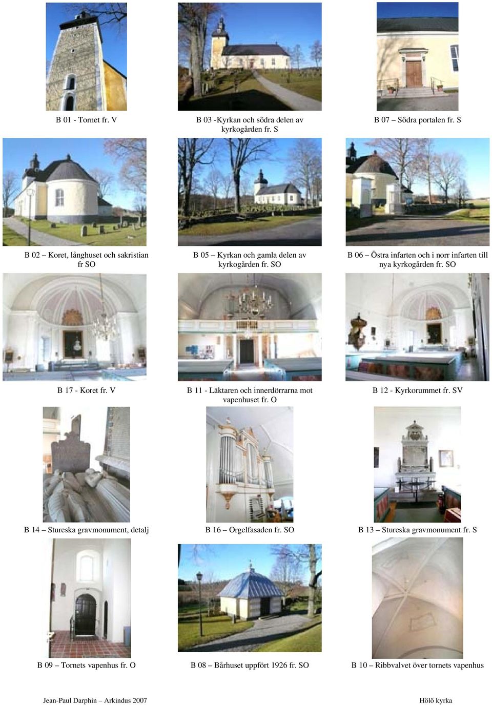 SO B 06 Östra infarten och i norr infarten till nya kyrkogården fr. SO B 17 - Koret fr. V B 11 - Läktaren och innerdörrarna mot vapenhuset fr.