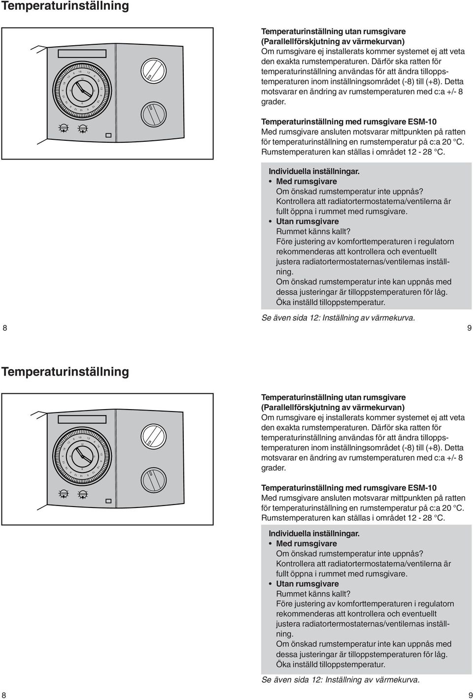 Temperaturinställning med rumsgivare ESM-10 Med rumsgivare ansluten motsvarar mittpunkten på ratten för temperaturinställning en rumstemperatur på c:a 20 C.