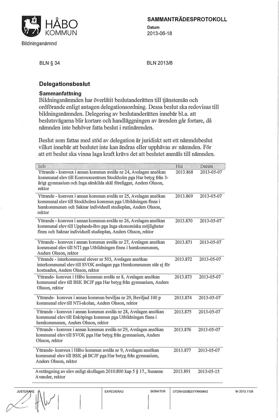som fattas med stöd av delegation är juridiskt sett ett nämndsbeslut vilket innebär att beslutet inte kan ändras eller upphävas av nämnden. För.