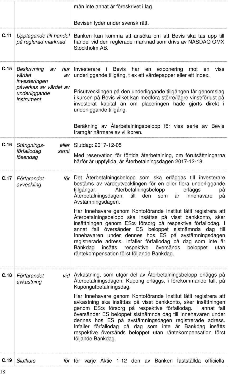 15 Beskrivning av hur värdet av investeringen påverkas av värdet av underliggande instrument Investerare i Bevis har en exponering mot en viss underliggande tillgång, t ex ett värdepapper eller ett