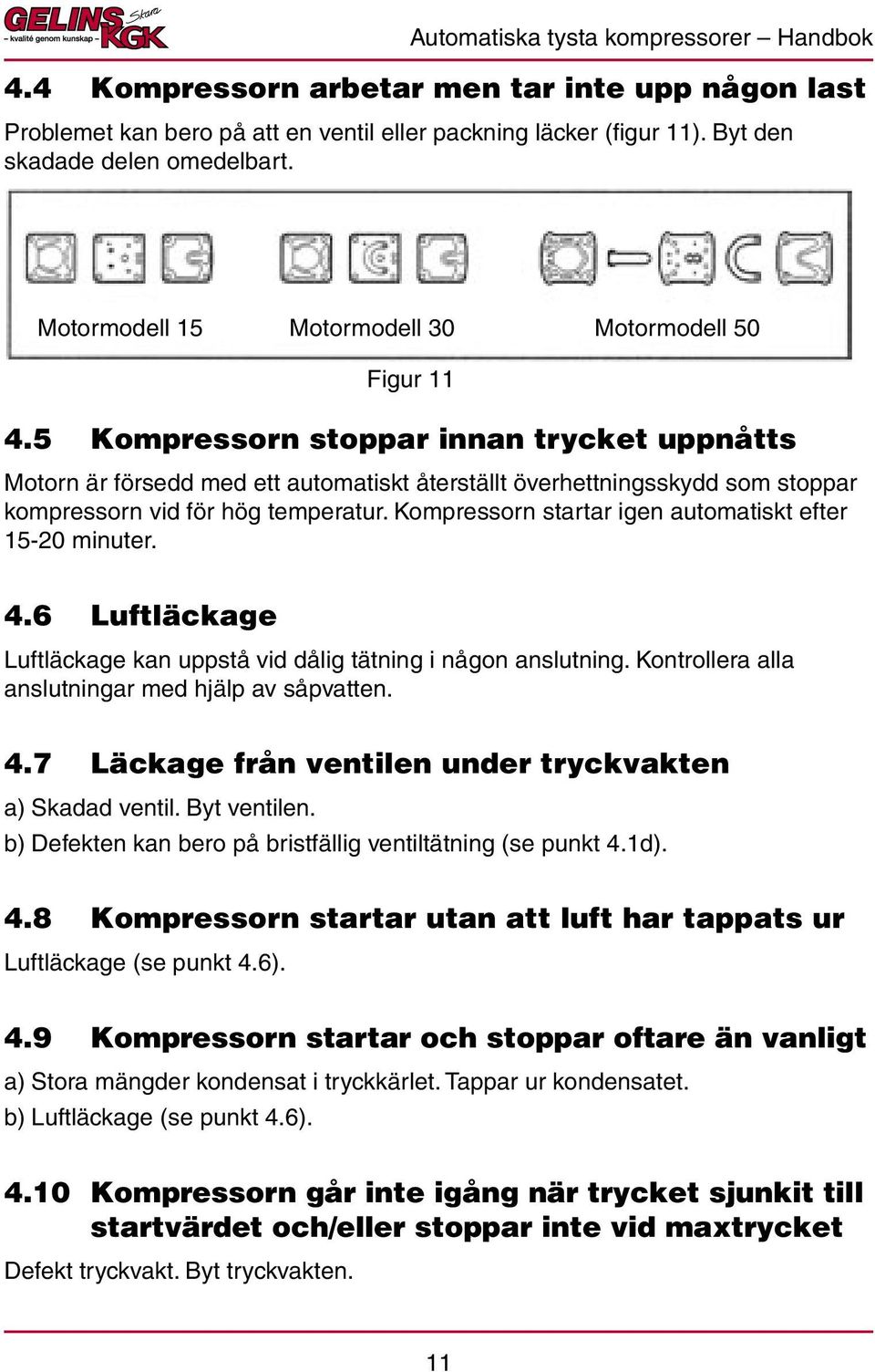 5 Kompressorn stoppar innan trycket uppnåtts Motorn är försedd med ett automatiskt återställt överhettningsskydd som stoppar kompressorn vid för hög temperatur.