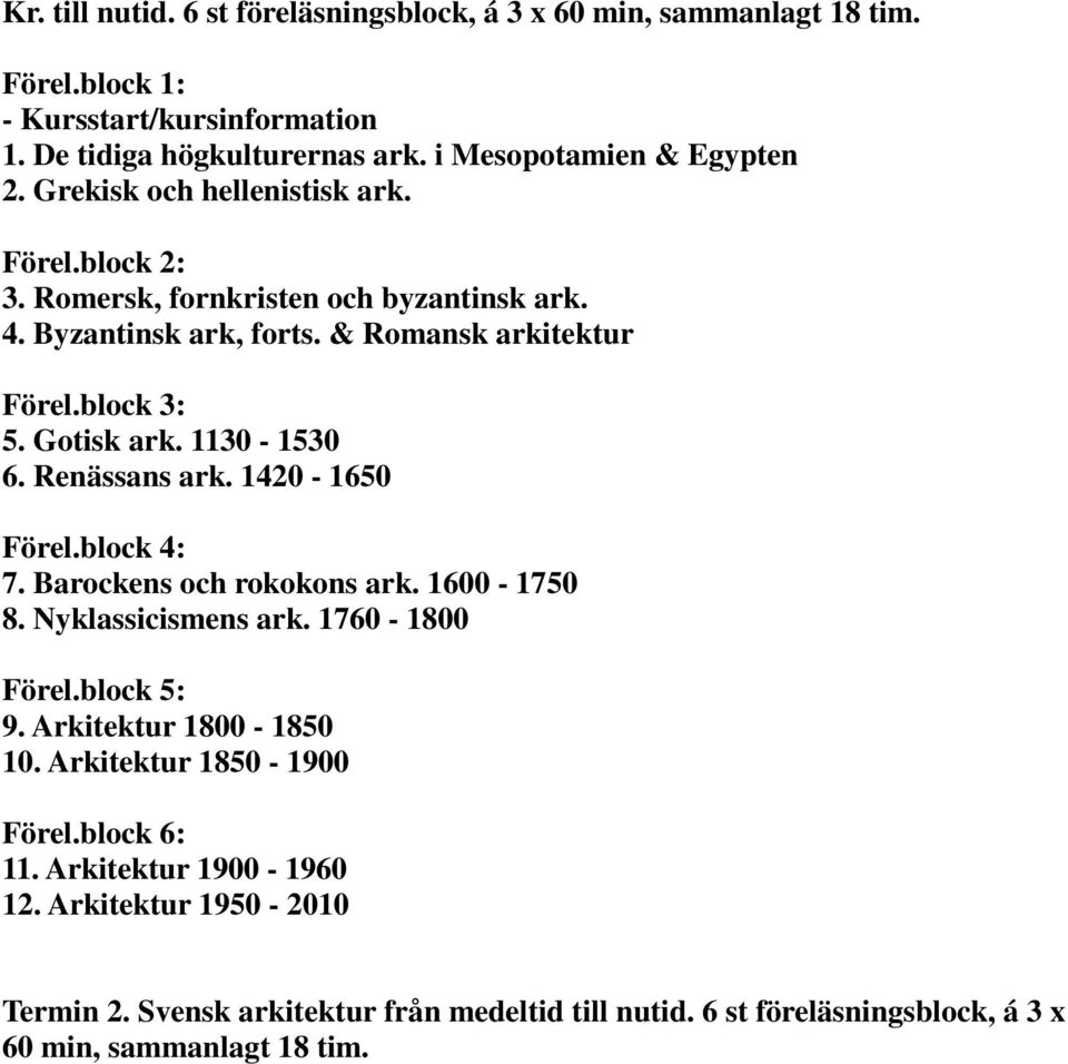 Renässans ark. 1420-1650 Förel.block 4: 7. Barockens och rokokons ark. 1600-1750 8. Nyklassicismens ark. 1760-1800 Förel.block 5: 9. Arkitektur 1800-1850 10.