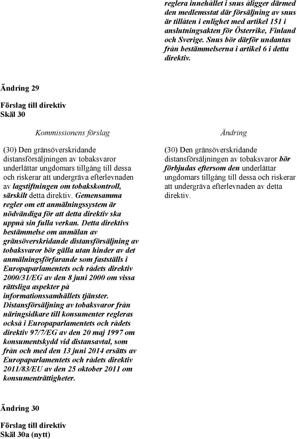 29 Skäl 30 (30) Den gränsöverskridande distansförsäljningen av tobaksvaror underlättar ungdomars tillgång till dessa och riskerar att undergräva efterlevnaden av lagstiftningen om tobakskontroll,