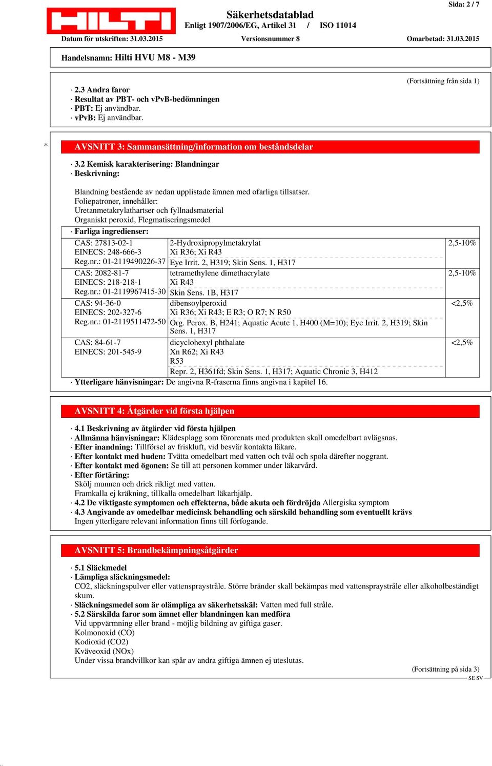Foliepatroner, innehåller: Uretanmetakrylathartser och fyllnadsmaterial Organiskt peroxid, Flegmatiseringsmedel Farliga ingredienser: CAS: 27813-02-1 EINECS: 248-666-3 Reg.nr.