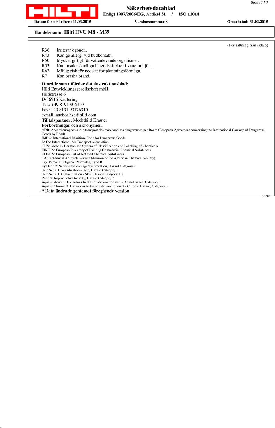 (Fortsättning från sida 6) Område som utfärdar datainstruktionsblad: Hilti Entwicklungsgesellschaft mbh Hiltistrasse 6 D-86916 Kaufering Tel.: +49 8191 906310 Fax: +49 8191 90176310 e-mail: anchor.