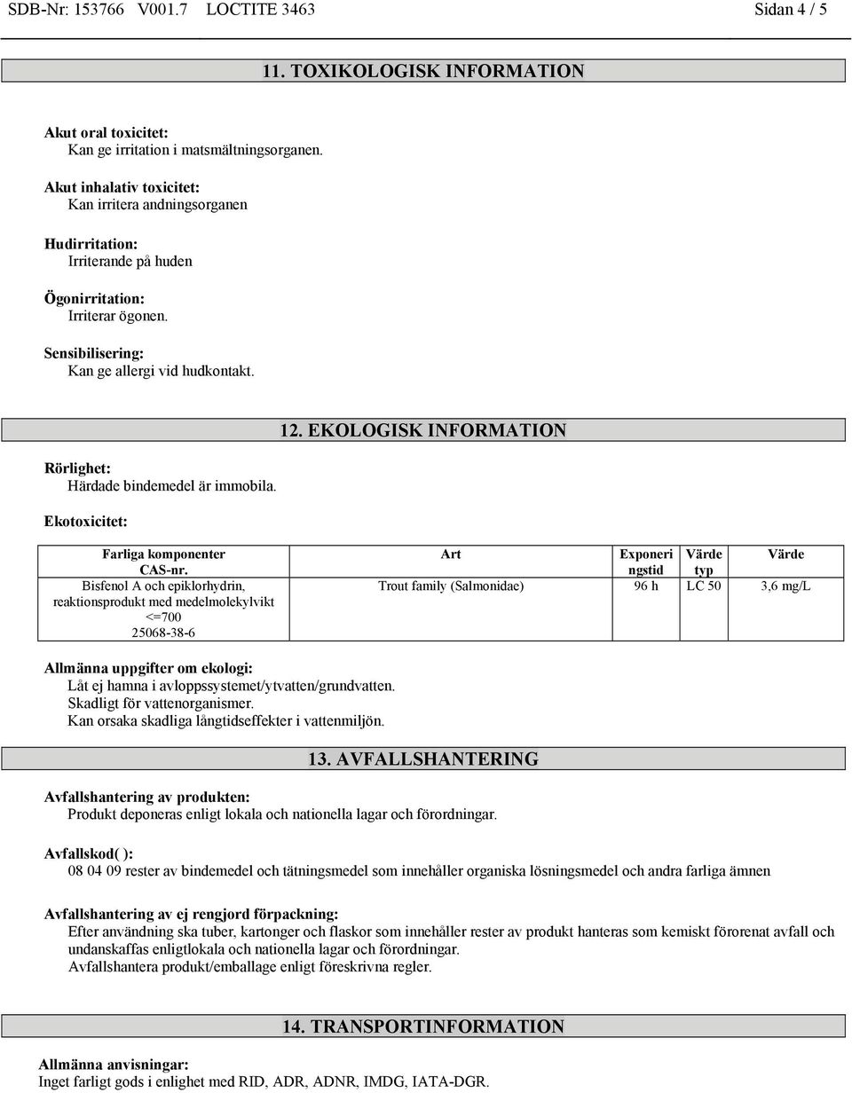 Rörlighet: Härdade bindemedel är immobila. Ekotoxicitet: 12. EKOLOGISK INFORMATION Farliga komponenter CAS-nr.