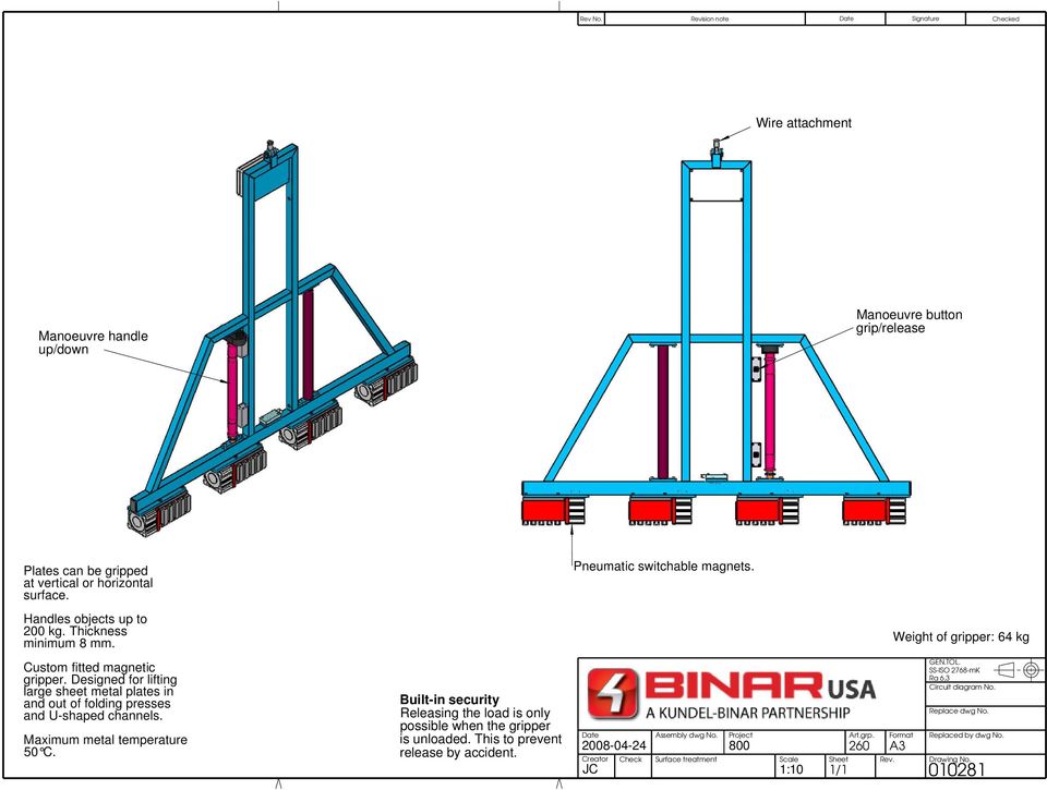 Designed for lifting large sheet metal plates in and out of folding presses and