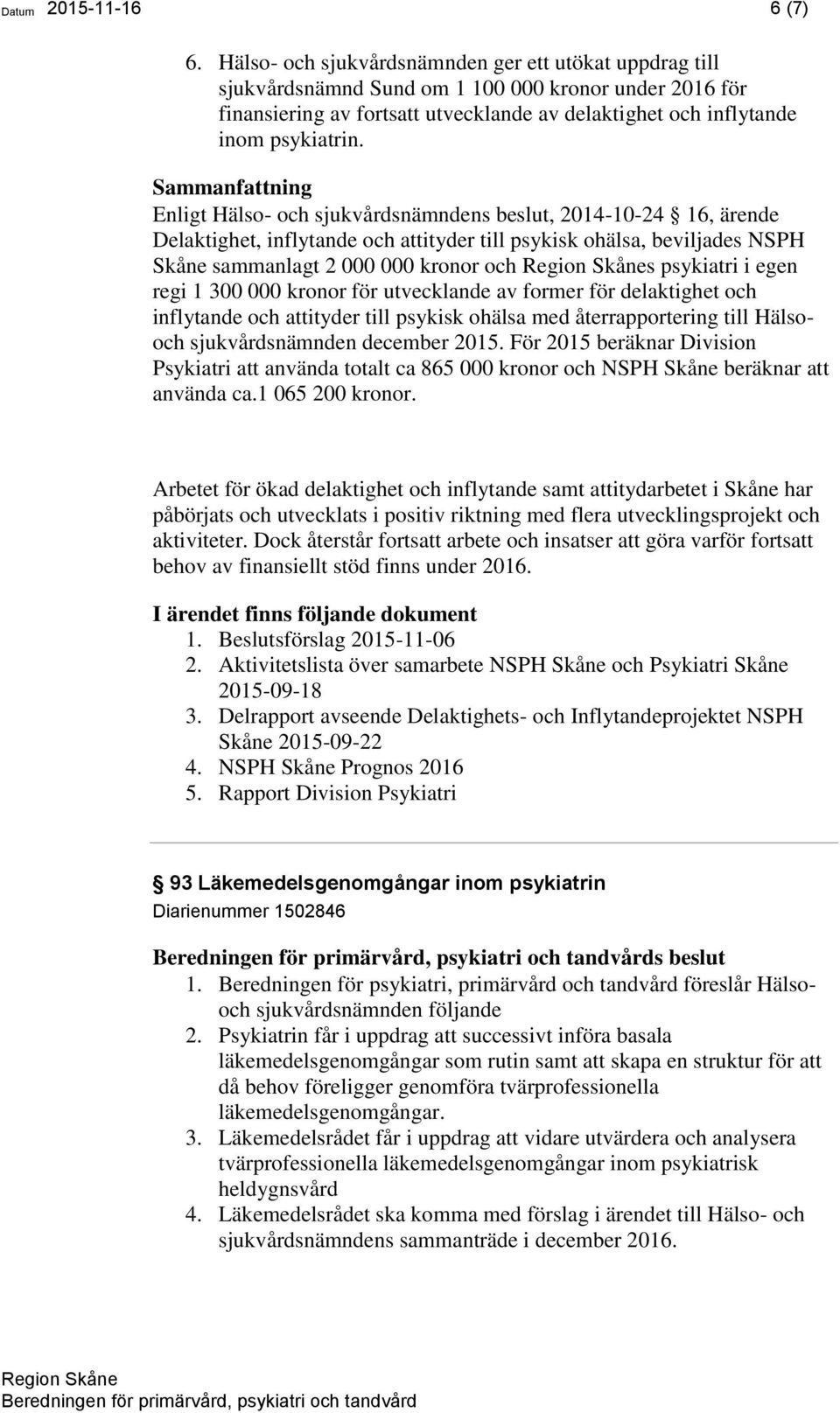 Sammanfattning Enligt Hälso- och sjukvårdsnämndens beslut, 2014-10-24 16, ärende Delaktighet, inflytande och attityder till psykisk ohälsa, beviljades NSPH Skåne sammanlagt 2 000 000 kronor och