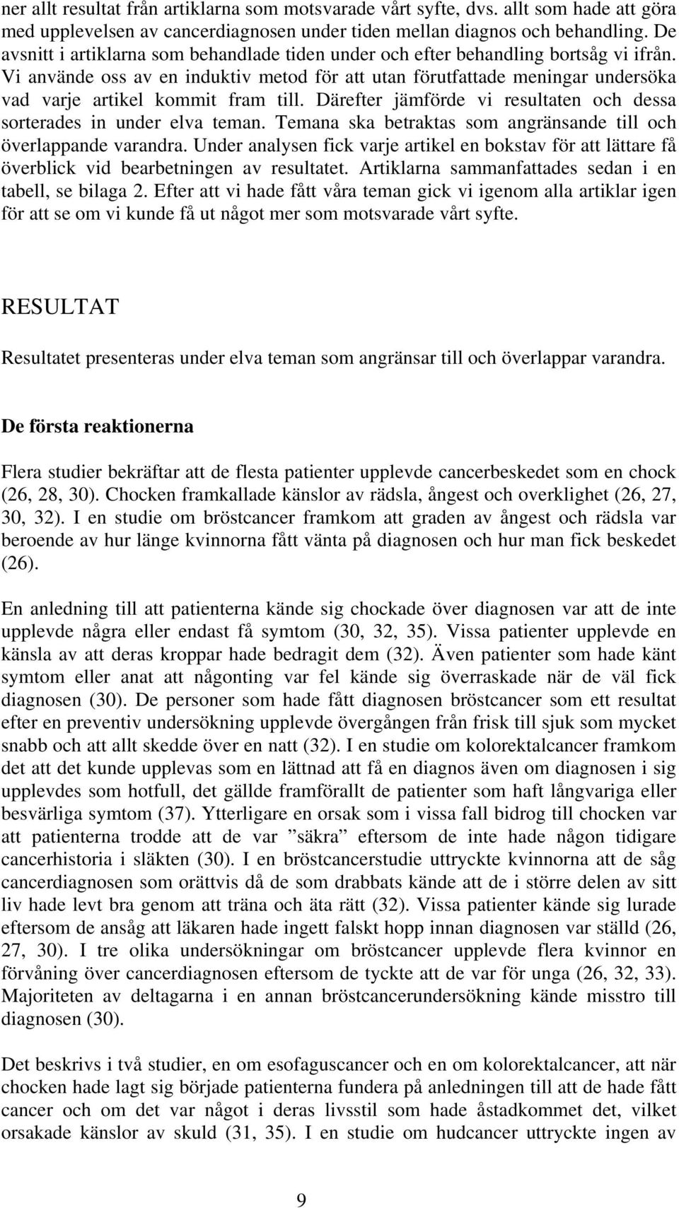 Vi använde oss av en induktiv metod för att utan förutfattade meningar undersöka vad varje artikel kommit fram till. Därefter jämförde vi resultaten och dessa sorterades in under elva teman.