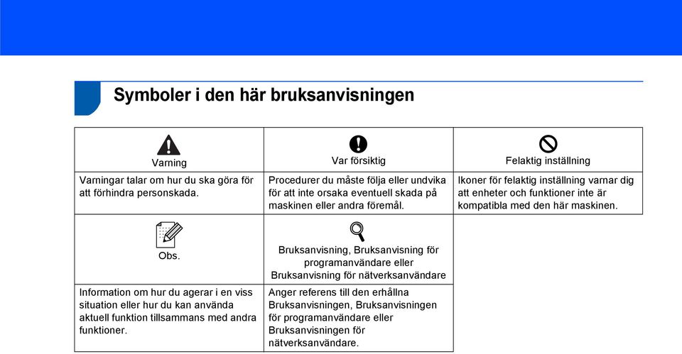 Ikoner för felaktig inställning varnar dig att enheter och funktioner inte är kompatibla med den här maskinen.