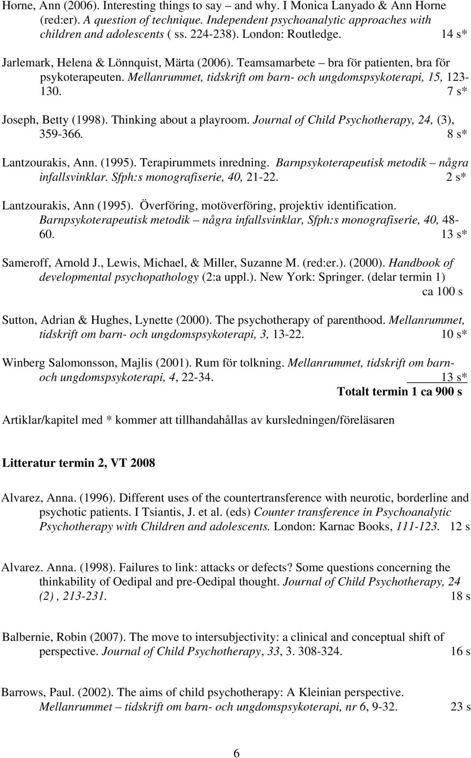 Mellanrummet, tidskrift om barn- och ungdomspsykoterapi, 15, 123-130. 7 s* Joseph, Betty (1998). Thinking about a playroom. Journal of Child Psychotherapy, 24, (3), 359-366. 8 s* Lantzourakis, Ann.