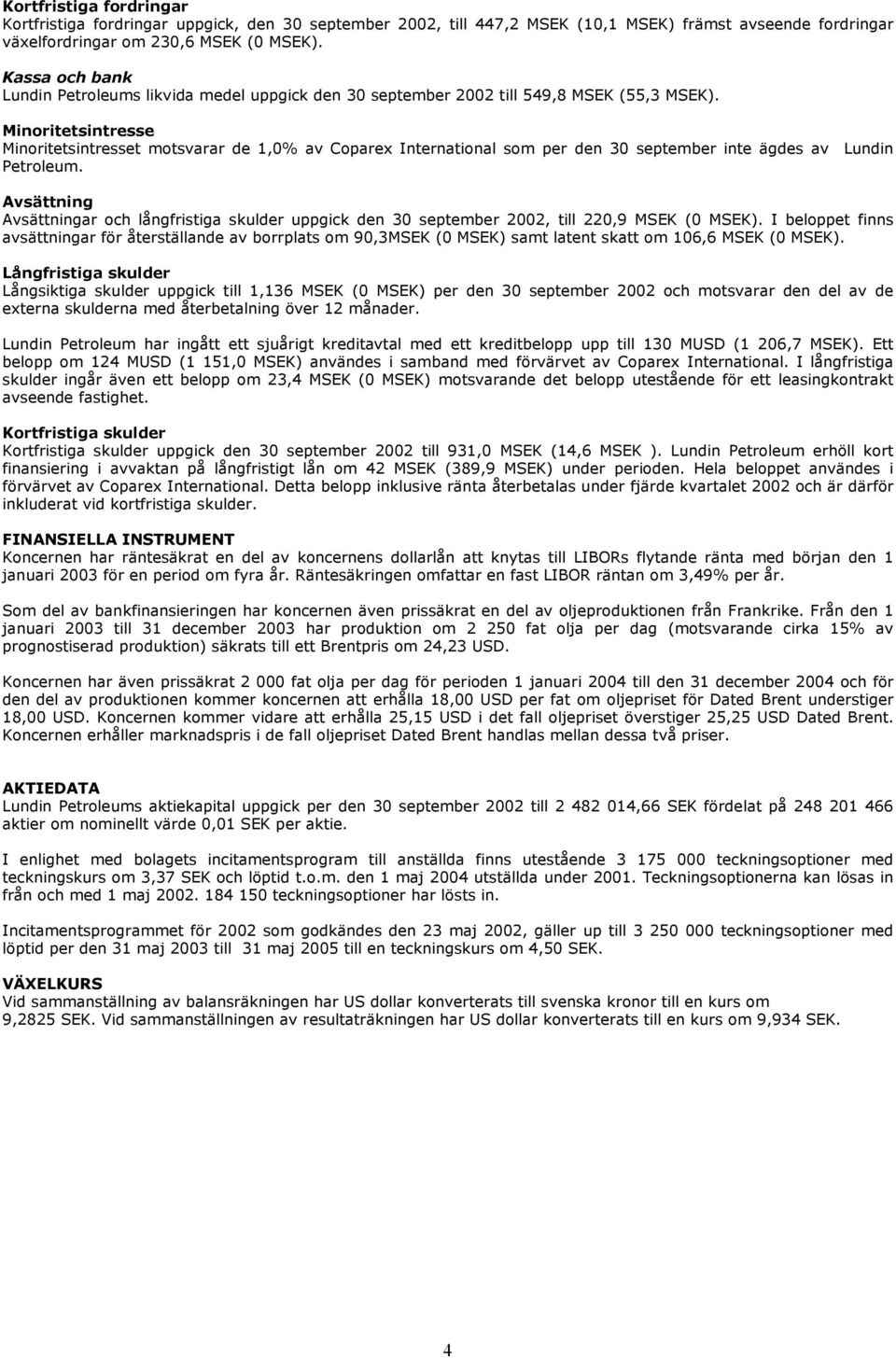 Minoritetsintresse Minoritetsintresset motsvarar de 1,0% av Coparex International som per den 30 september inte ägdes av Lundin Petroleum.