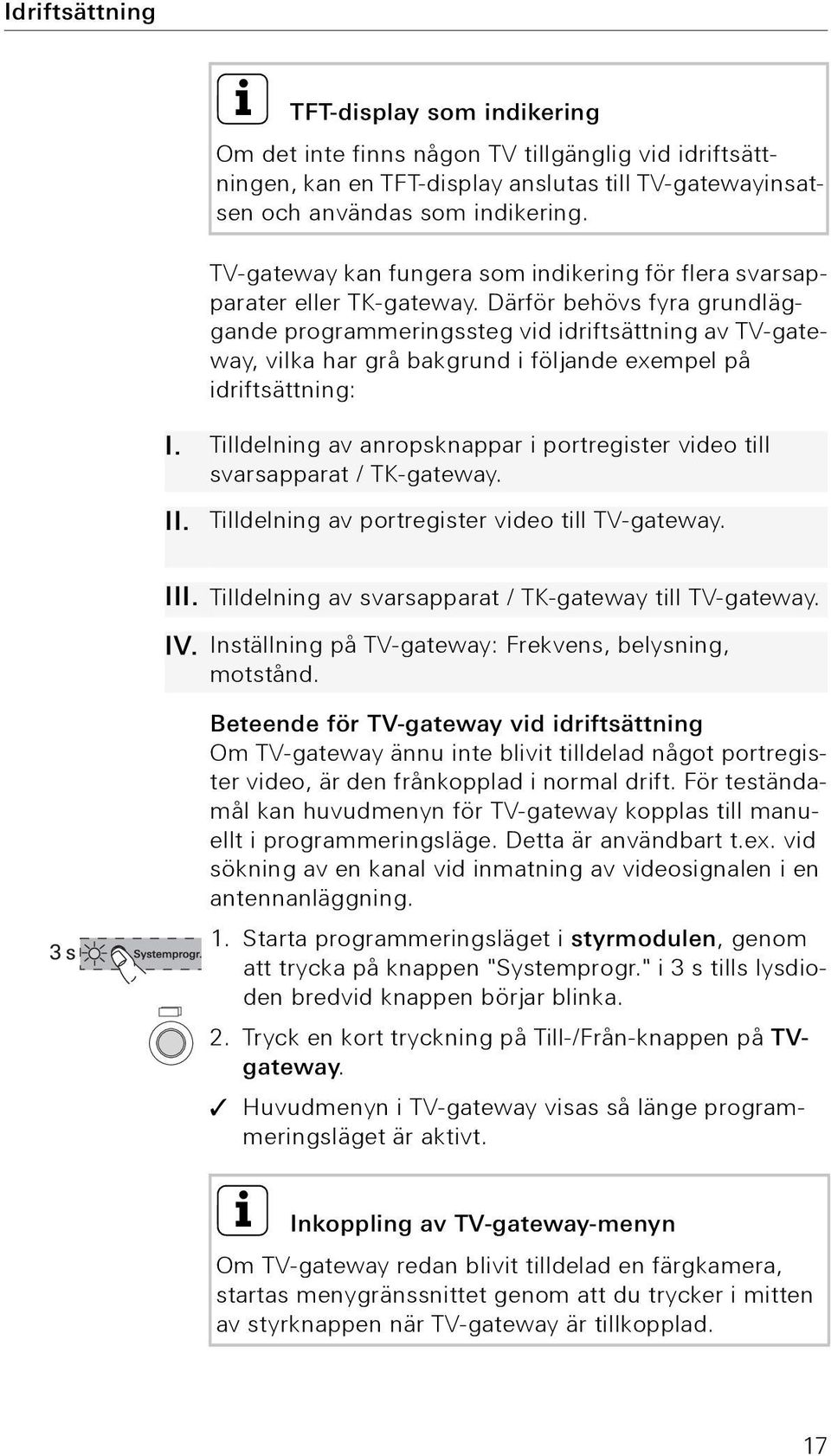 Därför behövs fyra grundläggande programmeringssteg vid idriftsättning av TV-gateway, vilka har grå bakgrund i följande exempel på idriftsättning: I.