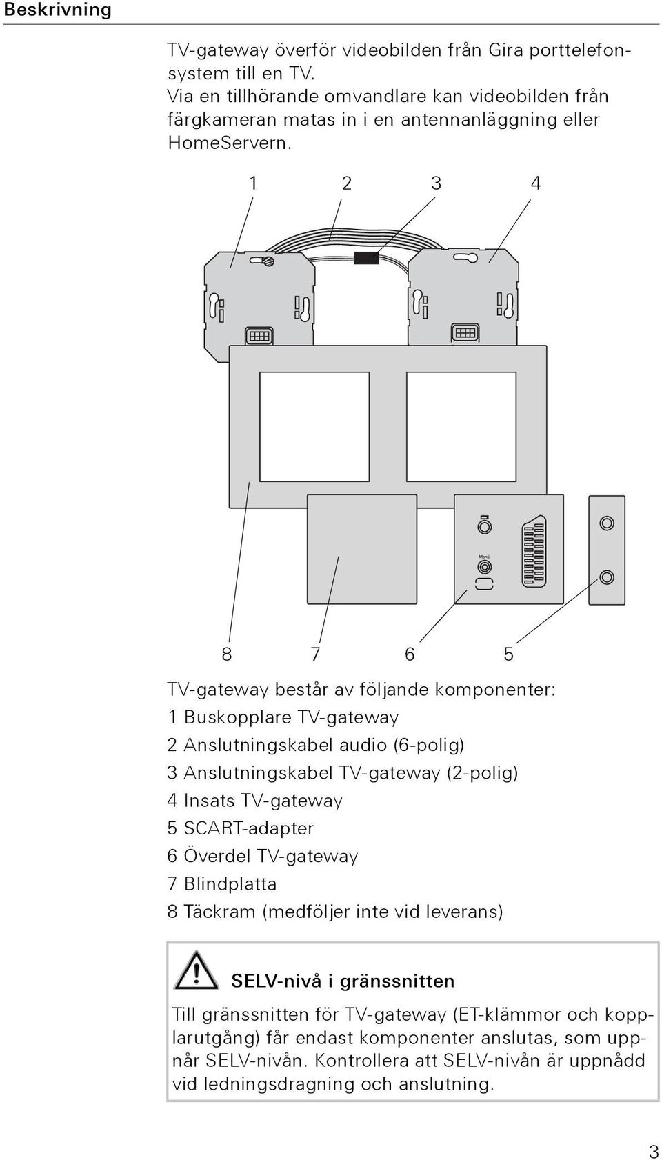 1 2 3 4 8 7 6 5 TV-gateway består av följande komponenter: 1 Buskopplare TV-gateway 2 Anslutningskabel audio (6-polig) 3 Anslutningskabel TV-gateway (2-polig) 4 Insats