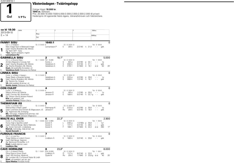 erande hästs ägare, tränare/körsven och hästskötare. ca kl 18:30 2013-09-10 E = 14 H FANNY SISU 1640:1 0 2,br. s.