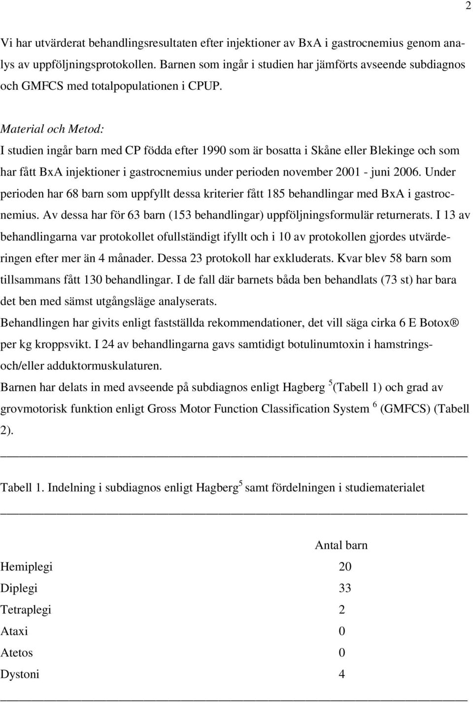 Material och Metod: I studien ingår barn med CP födda efter 1990 som är bosatta i Skåne eller Blekinge och som har fått BxA injektioner i gastrocnemius under perioden november 2001 - juni 2006.