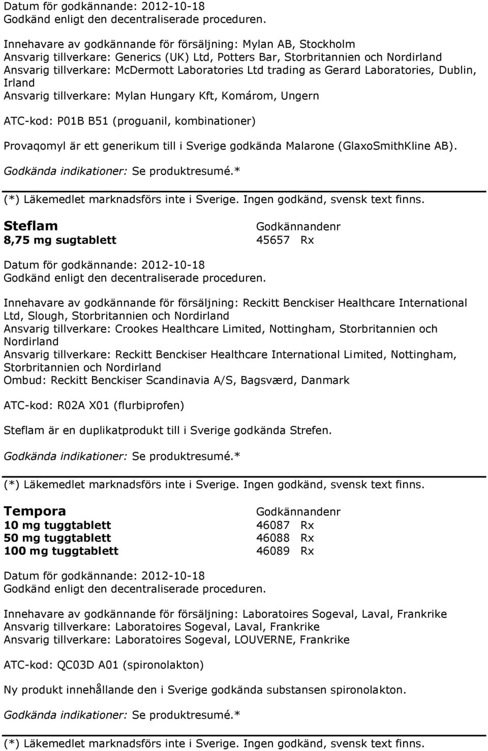 * (*) Läkemedlet marknadsförs inte i Sverige. Ingen godkänd, svensk text finns.