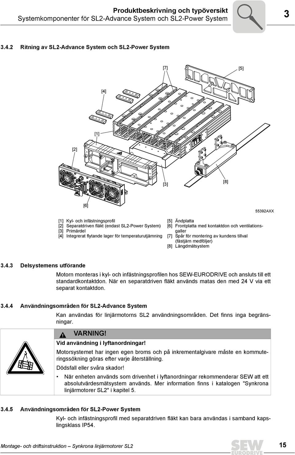 för temperaturutjämning [5] Ändplatta [6] Frontplatta med kontaktdon och ventilationsgaller [7] Spår för montering av kundens tillval (fästjärn medföljer) [8] Längdmätsystem 55392AXX 3.4.