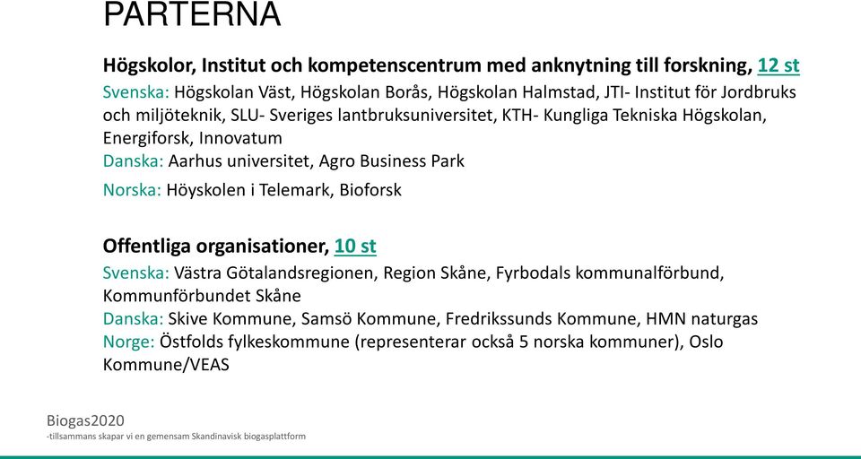 Norska: Höyskolen i Telemark, Bioforsk Offentliga organisationer, 10 st Svenska: Västra Götalandsregionen, Region Skåne, Fyrbodals kommunalförbund, Kommunförbundet