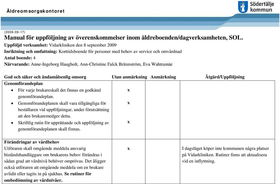 Ann-Christine Falck Brännström, Eva Wahtramäe God och säker och ändamålsenlig omsorg Utan anmärkning Anmärkning Åtgärd/Uppföljning Genomförandeplan För varje brukareskall det finnas en godkänd