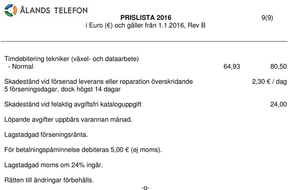 felaktig avgiftsfri kataloguppgift 24,00 Löpande avgifter uppbärs varannan månad. Lagstadgad förseningsränta.