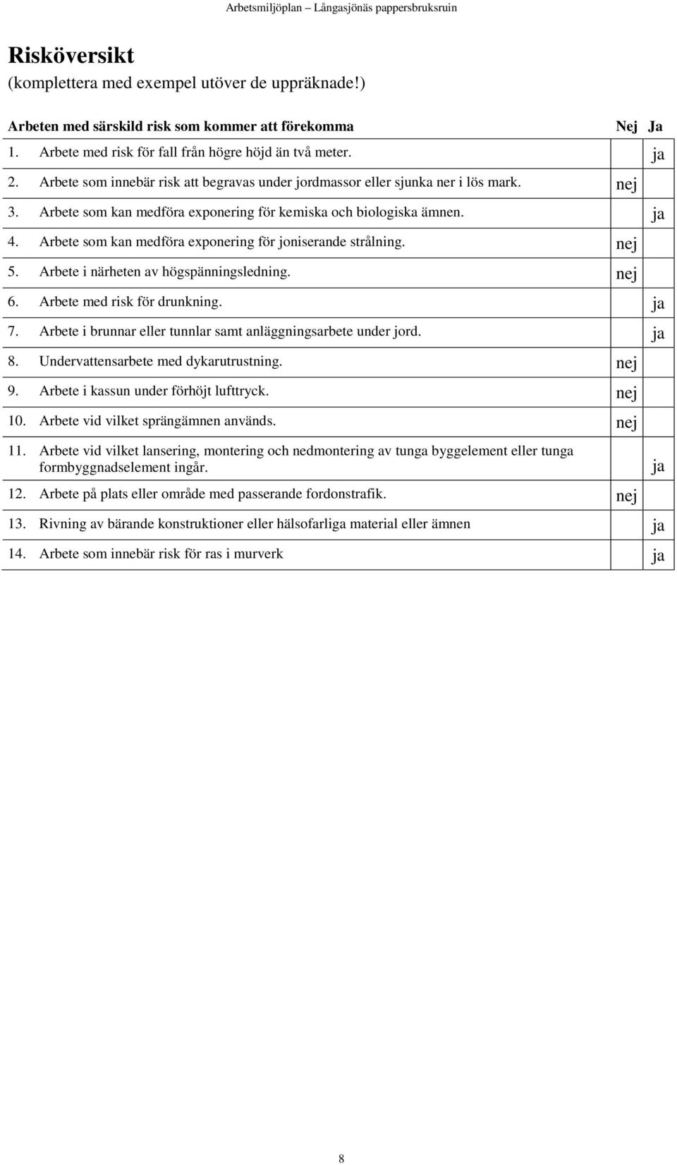 Arbete som kan medföra exponering för joniserande strålning. nej 5. Arbete i närheten av högspänningsledning. nej 6. Arbete med risk för drunkning. ja 7.