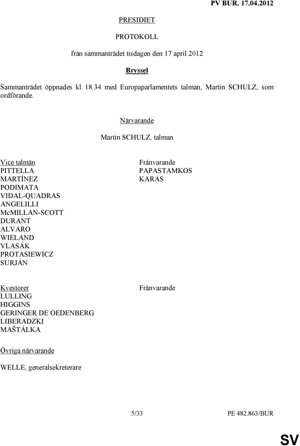 Närvarande Martin SCHULZ, talman Vice talmän PITTELLA MARTÍNEZ PODIMATA VIDAL-QUADRAS ANGELILLI McMILLAN-SCOTT DURANT ALVARO